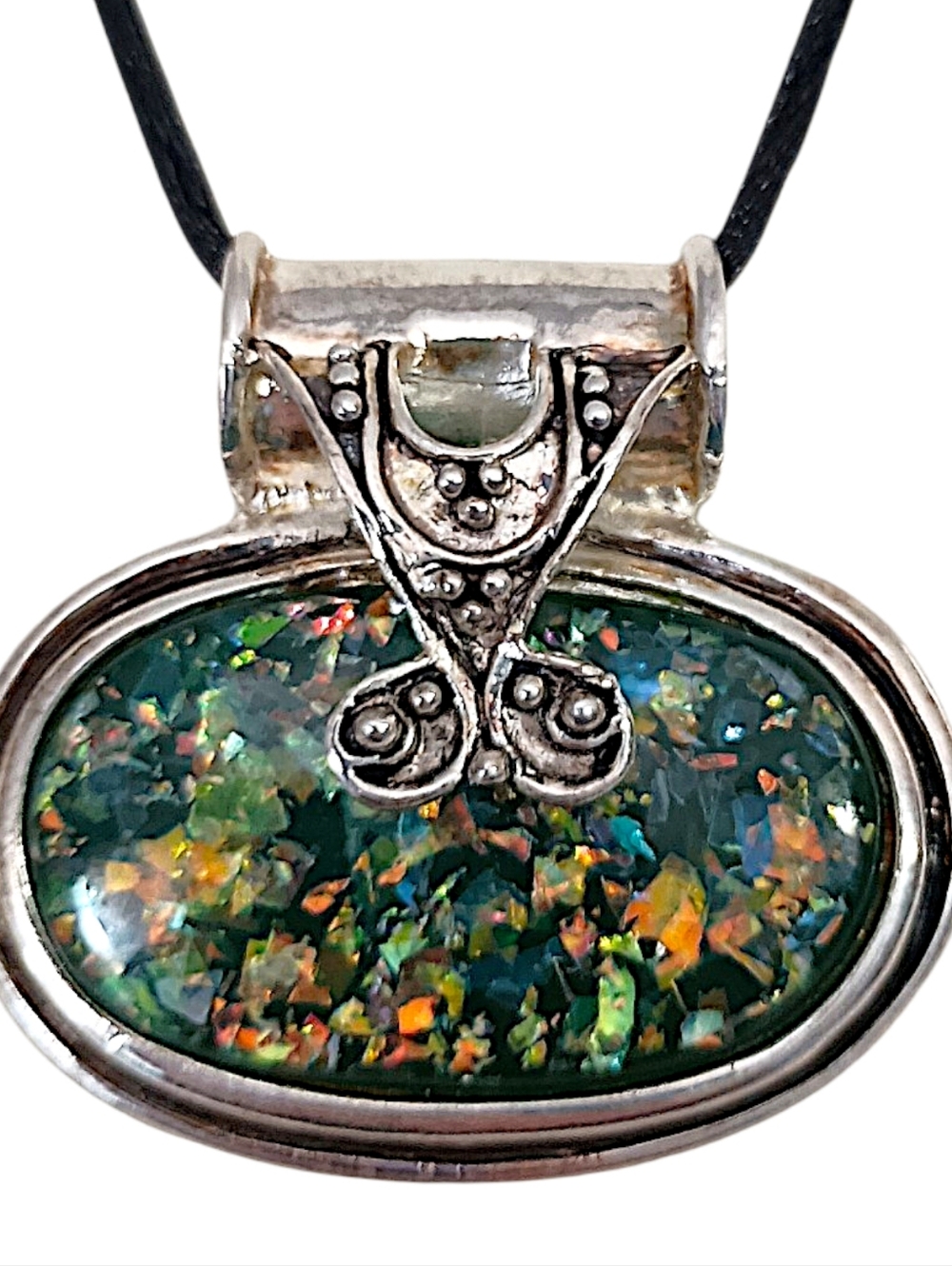 Vintage Faux Fire Opal Pendant Corded Large Silver Tone Chunky Artisan Boho Chic